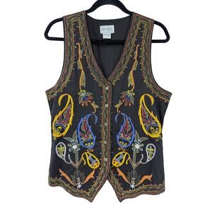 Vintage Atlas Studio Womens Vest Size L Black Embroidered Boho Cottagecore